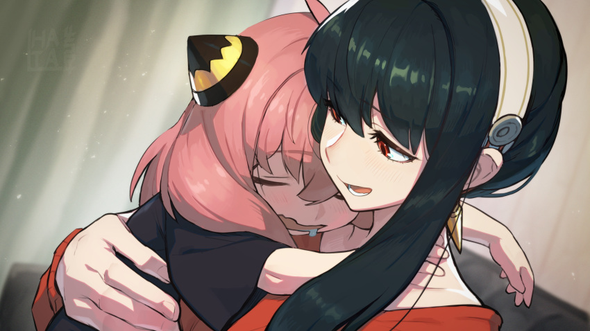 2girls, anya_(spy_x_family), bangs, black_hair, black_shirt, child, closed_eyes, commentary