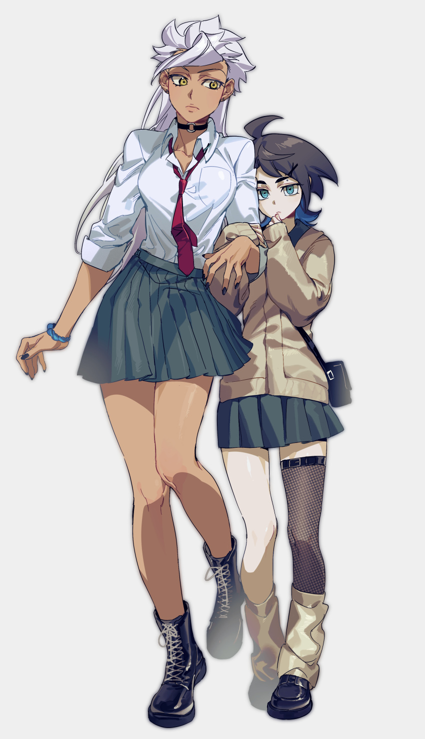 2girls, absurdres, ahoge, ankle_boots, arm_at_side, arm_grab, bag, bangs