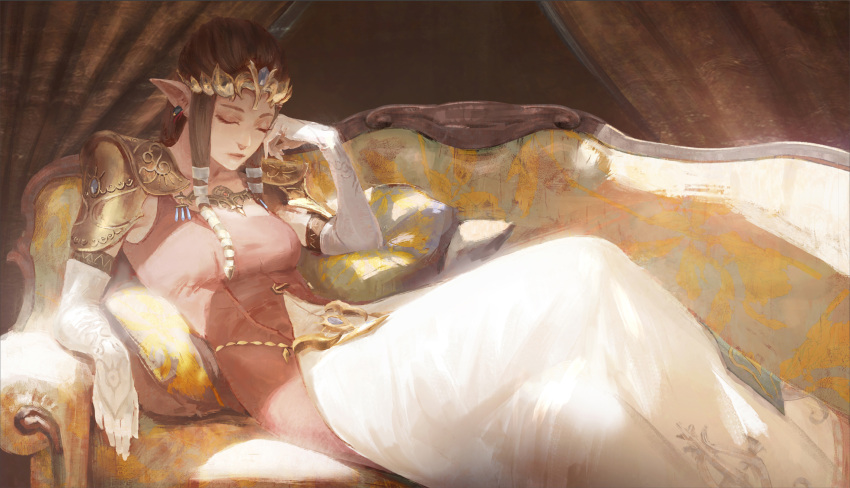 1girl, blonde_hair, breasts, closed_eyes, closed_mouth, couch, curtains, day