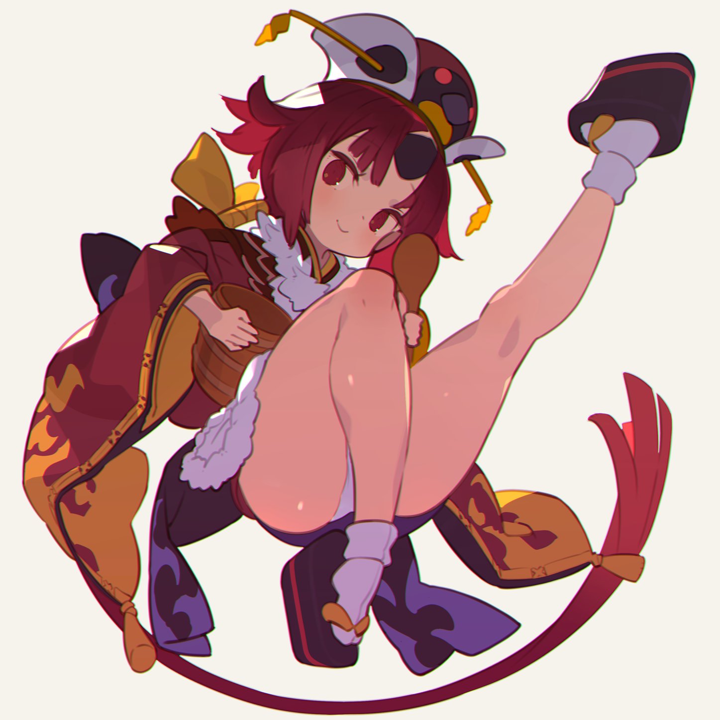 1girl, bare_legs, benienma_(fate), bird_hat, blush, brown_headwear, brown_kimono, fate/grand_order