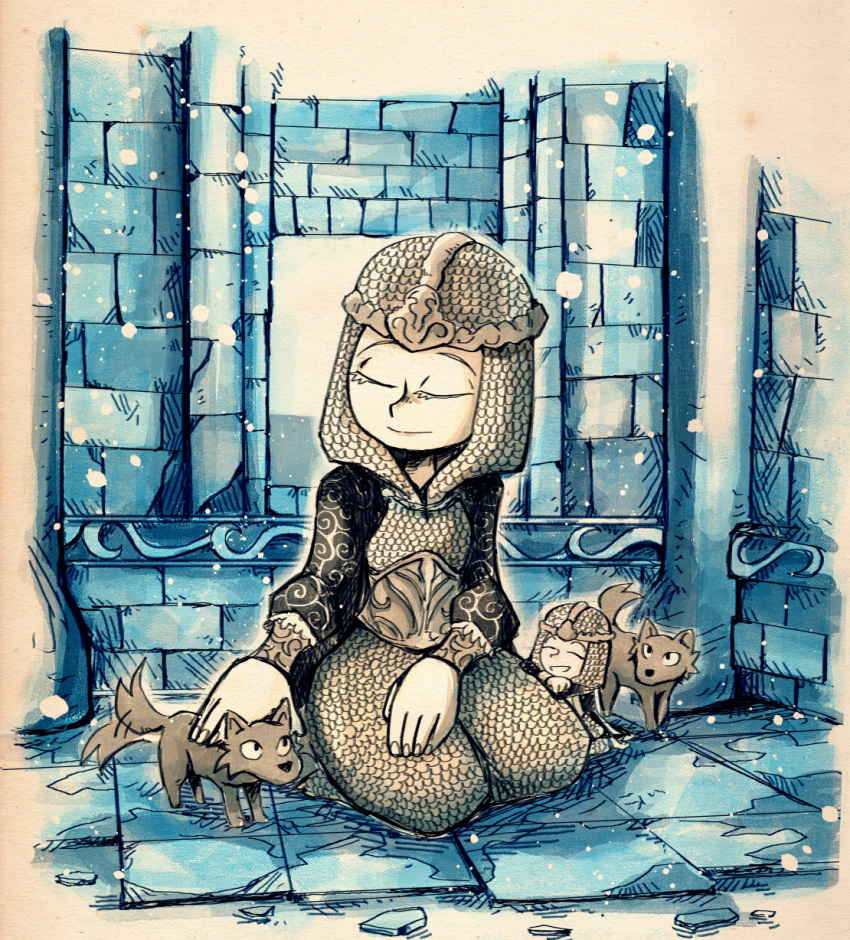 2girls, armor, chainmail, closed_eyes, elden_ring, english_commentary, giant, giantess, highres, latenna_the_albinauric, lobo_(elden_ring), multiple_girls, petting, phillia_the_albinauric, ruins, setz, snow, tail, tail_wagging, wolf