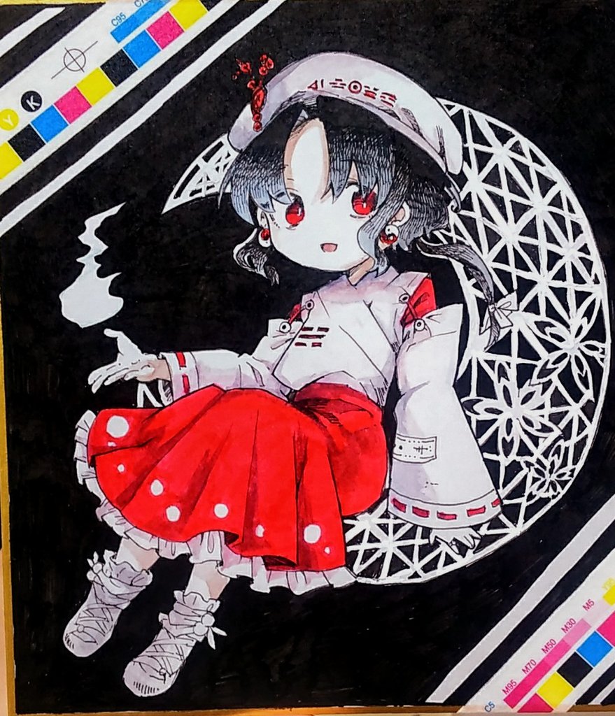 1girl, beret, black_background, black_hair, commentary_request, crescent, detached_sleeves, earrings