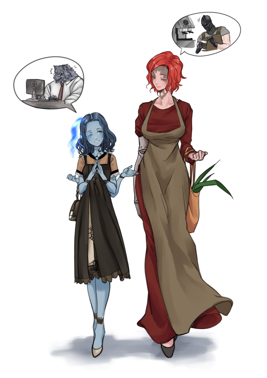2boys, 2girls, absurdres, alternate_hair_length, alternate_hairstyle, amputee, apron, blaidd_the_half-wolf