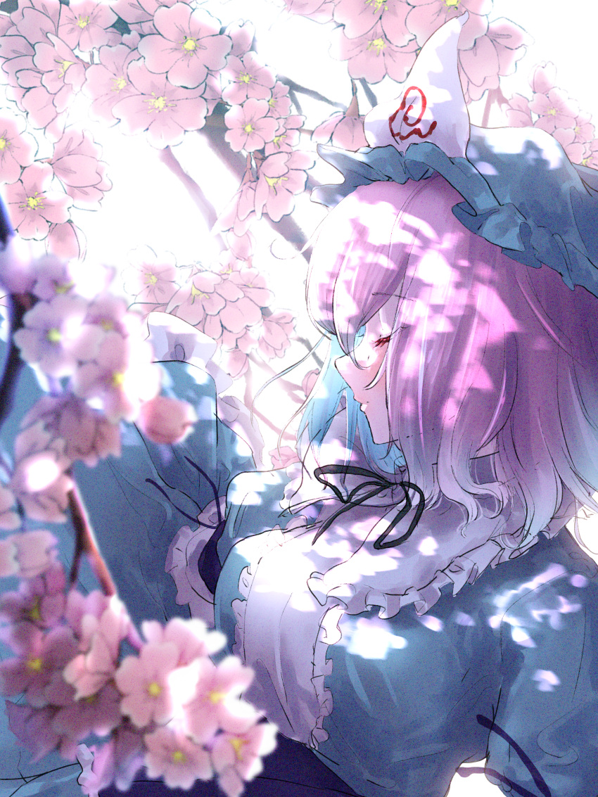 1girl, absurdres, arm_garter, black_ribbon, blue_headwear, blue_kimono, blush, branch, cherry_blossoms, closed_eyes, closed_mouth, commentary, eyebrows_visible_through_hair, facing_to_the_side, frilled_sleeves, frills, from_side, gurumegu, hat, highres, japanese_clothes, kimono, long_sleeves, medium_hair, mob_cap, neck_ribbon, pink_hair, ribbon, saigyouji_yuyuko, solo, touhou, triangular_headpiece, upper_body, wide_sleeves