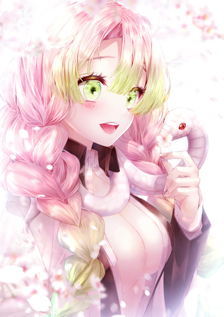 1girl, absurdres, animal_around_neck, bangs, braid, breasts, center_opening, cherry_blossoms