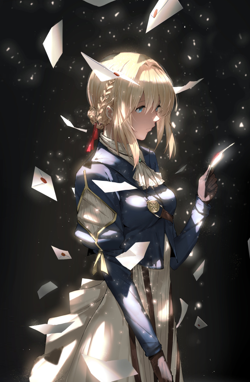 1girl, ascot, black_background, blonde_hair, blue_eyes, blue_jacket, braid, brooch