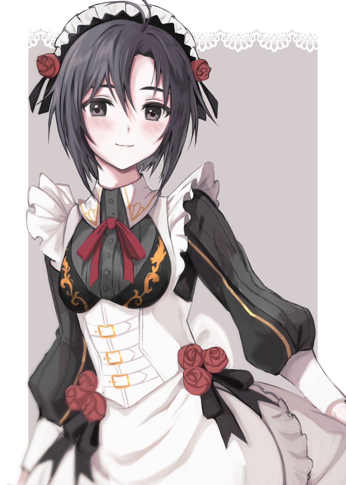 1girl, :3, alternate_costume, antenna_hair, apron, bangs, black_dress, black_eyes