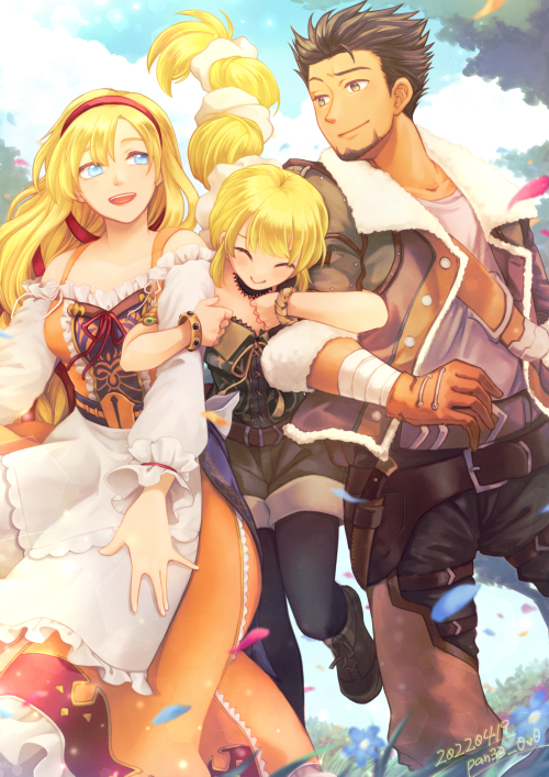 1boy, 2girls, bare_shoulders, black_legwear, blonde_hair, blue_eyes, breasts, choker