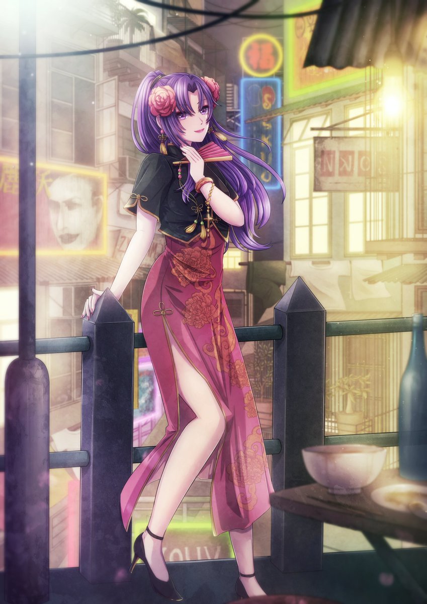 1girl, bottle, china_dress, chinese_clothes, closed_mouth, dress, flower, foot_out_of_frame, hair_flower, hair_ornament, hand_fan, high_heels, highres, lipstick, long_hair, looking_at_viewer, makeup, mei_ling_(saga), nail_polish, plate, purple_hair, saga, saga_frontier, shisui_alex, smile, solo, violet_eyes