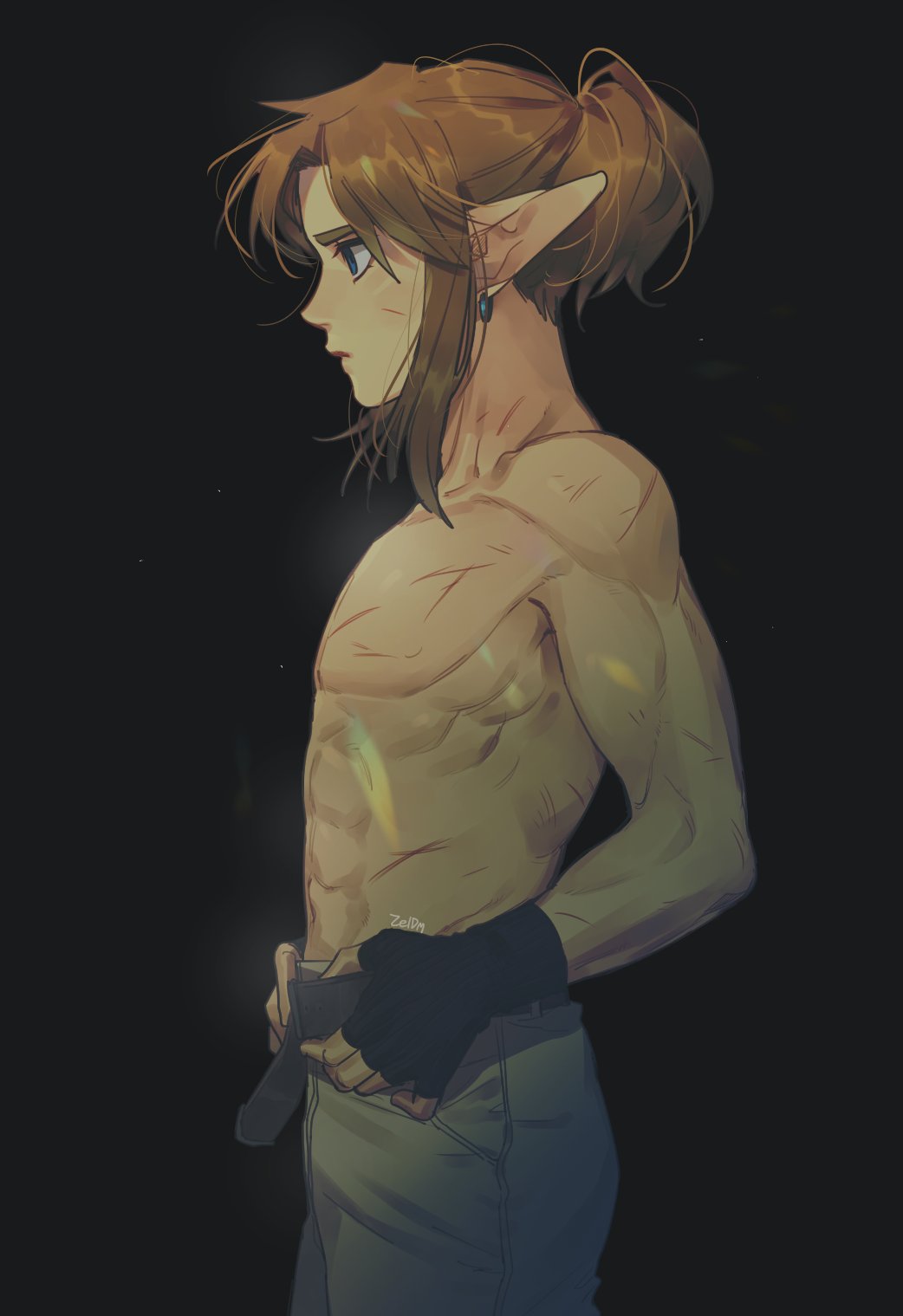 1boy, adjusting_belt, belt, biceps, black_background, black_gloves, blue_eyes, brown_hair, closed_mouth, commentary_request, cowboy_shot, earrings, eyelashes, fingerless_gloves, from_side, gloves, grey_pants, highres, jewelry, link, male_focus, pants, pectorals, pointy_ears, scar, short_hair, sidelocks, simple_background, solo, the_legend_of_zelda, the_legend_of_zelda:_breath_of_the_wild, toned, toned_male, topless_male, zeldm