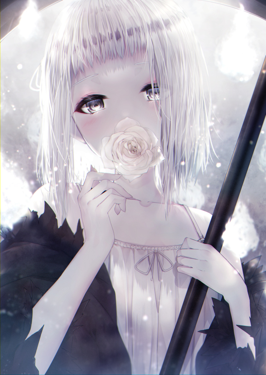 1girl, absurdres, bangs, bare_shoulders, blunt_bangs, blush, bob_cut, camisole, covered_mouth, eyelashes, fire, flat_chest, flower, grey_background, grey_eyes, hands_up, highres, holding, holding_scythe, looking_at_viewer, moririto, mouth_hold, original, pale_skin, rose, scythe, shawl, short_hair, sleeveless, solo, upper_body, white_fire, white_flower, white_hair, white_rose