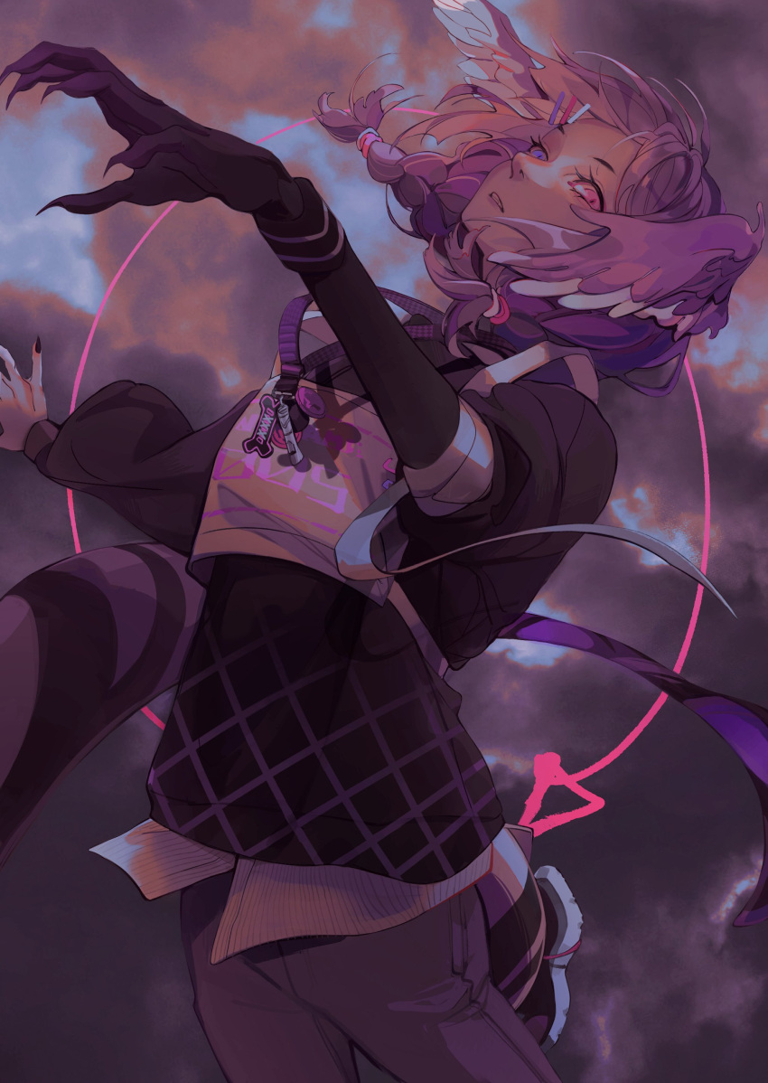 1girl, absurdres, airborne, bangs, black_sweater, blue_eyes, braid, clouds