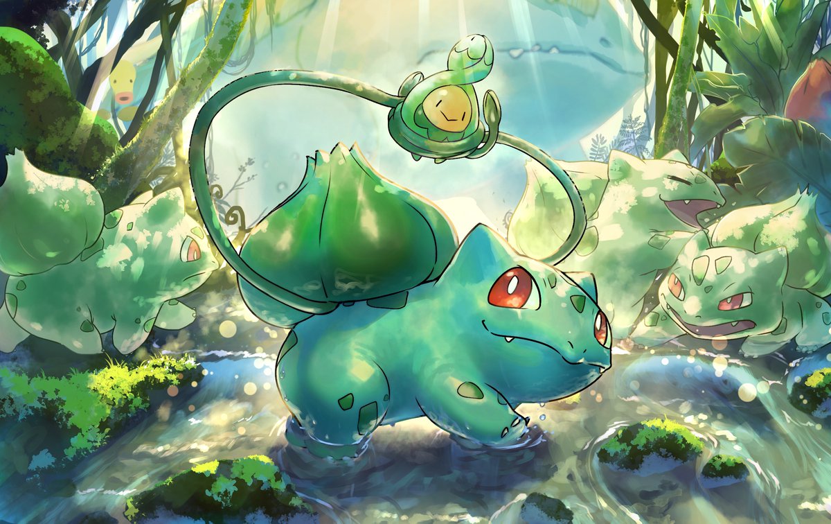 bellsprout, bright_pupils, budew, bulbasaur, closed_mouth, commentary_request, day, fangs, fangs_out, holding, holding_pokemon, light_rays, looking_up, moss, no_humans, outdoors, p!k@ru, plant, pokemon, pokemon_(creature), red_eyes, smile, vines, wading, water, white_pupils