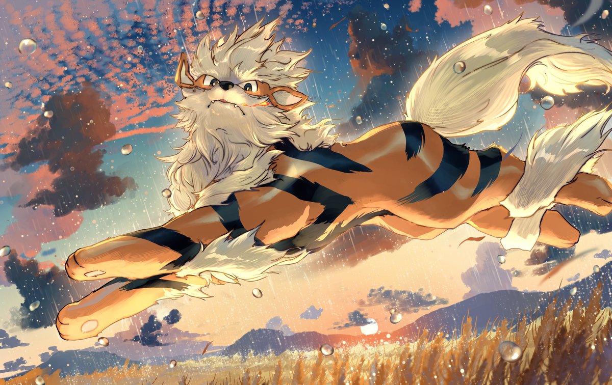 arcanine, bright_pupils, clouds, commentary_request, fangs, from_side, jumping, looking_at_viewer, looking_down, no_humans, outdoors, p!k@ru, pokemon, pokemon_(creature), rain, sky, solo, sun, white_pupils