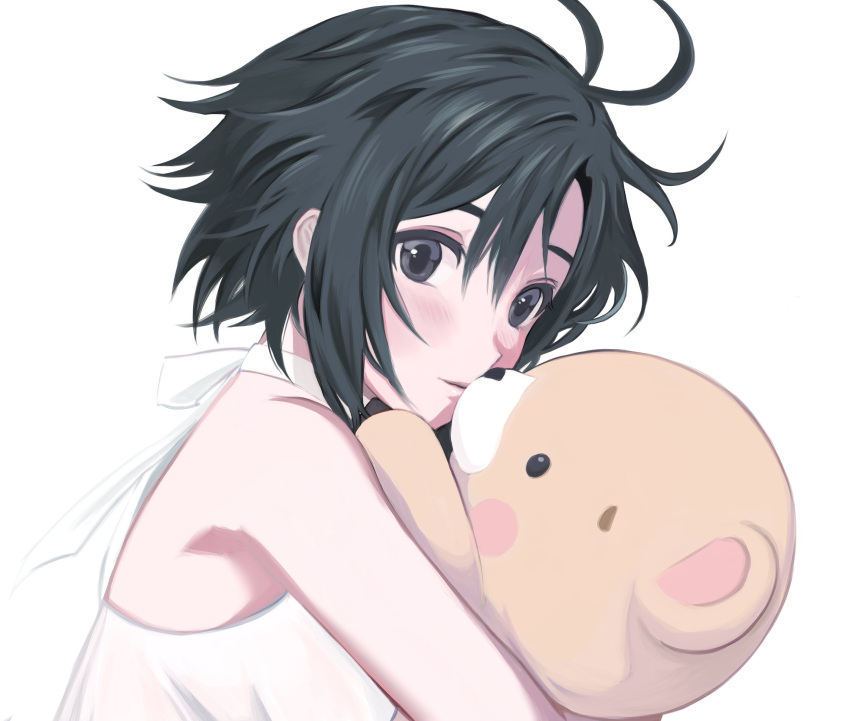 1girl, antenna_hair, bangs, bare_arms, bare_shoulders, black_eyes, black_hair, blush