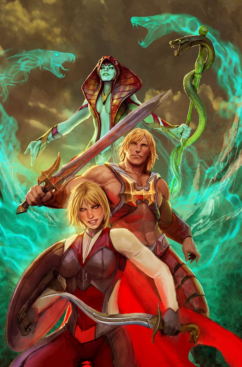 1boy, 2girls, blonde_hair, he-man, highres, holding, holding_weapon, masters_of_the_universe
