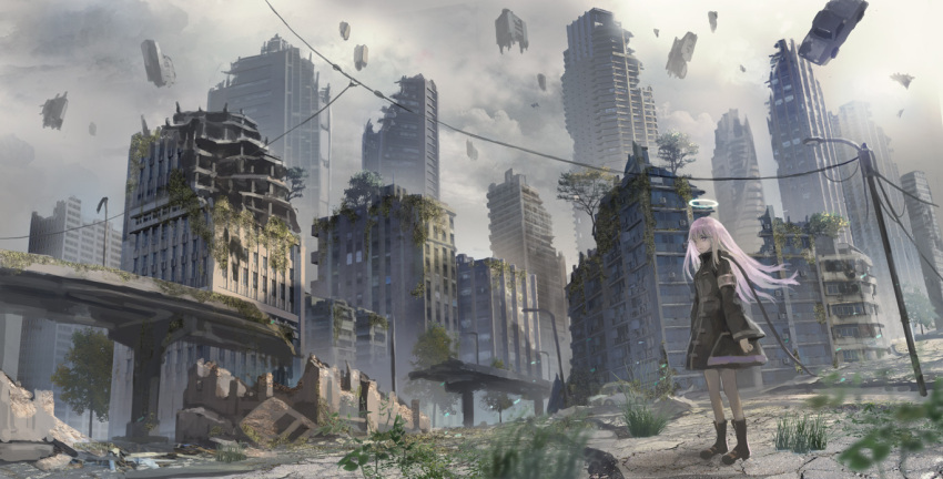 1girl, abandoned, anti-gravity, black_footwear, black_jacket, boots, breasts, bridge, broken, broken_ground, clouds, cloudy_sky, commentary_request, crack, denki, ground_vehicle, halo, jacket, long_hair, long_sleeves, motor_vehicle, original, outdoors, overgrown, pickup_truck, pink_hair, power_lines, ruins, sky, small_breasts, solo, truck, utility_pole, very_long_hair, window