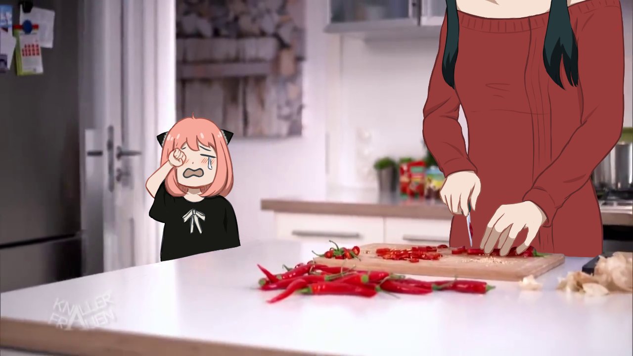 2girls, anya_(spy_x_family), black_hair, black_shirt, crying, cutting_board, hair_ornament, indoors