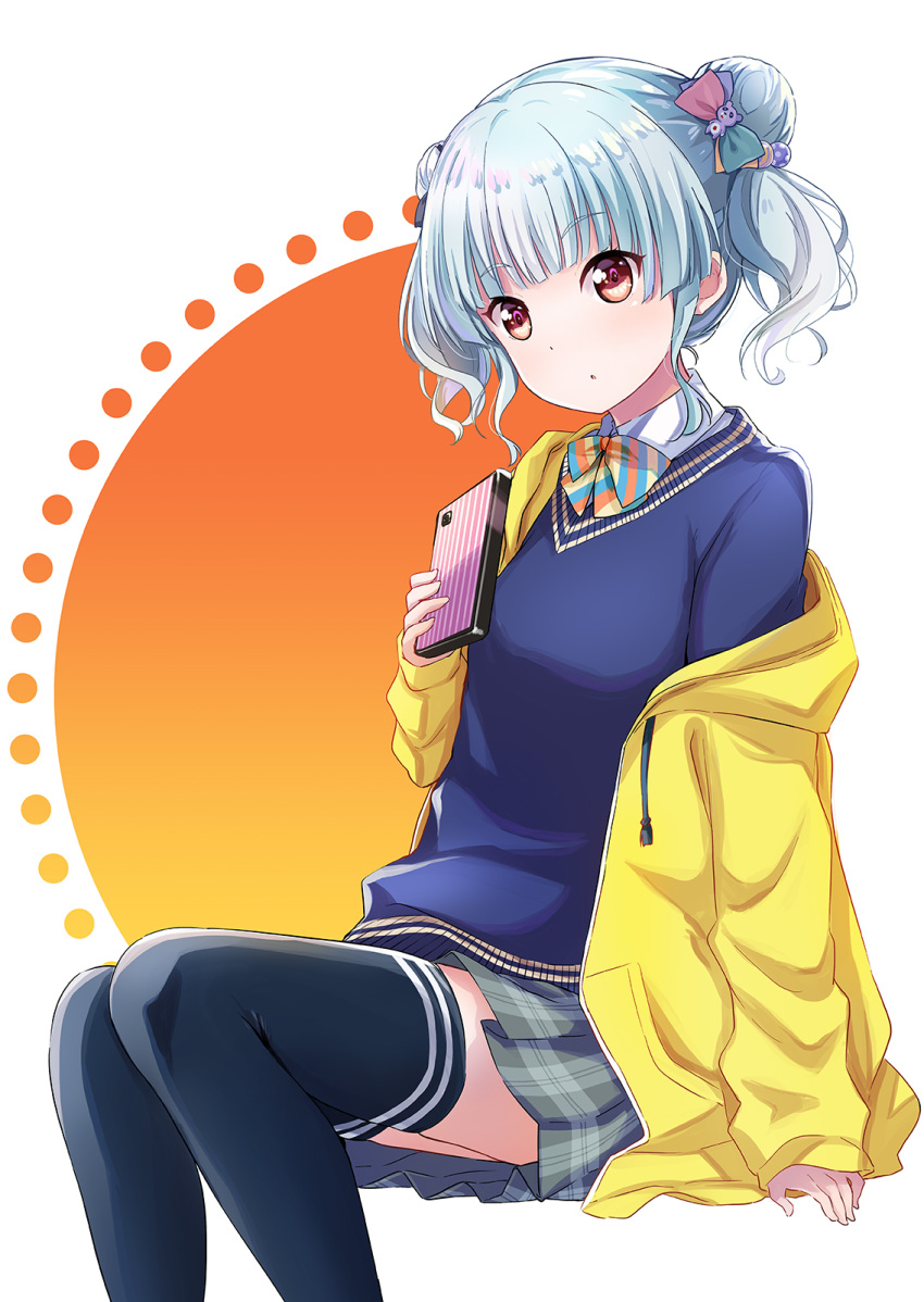 1girl, abe_kanari, aqua_hair, bangs, cellphone, double_bun, hair_ornament, highres