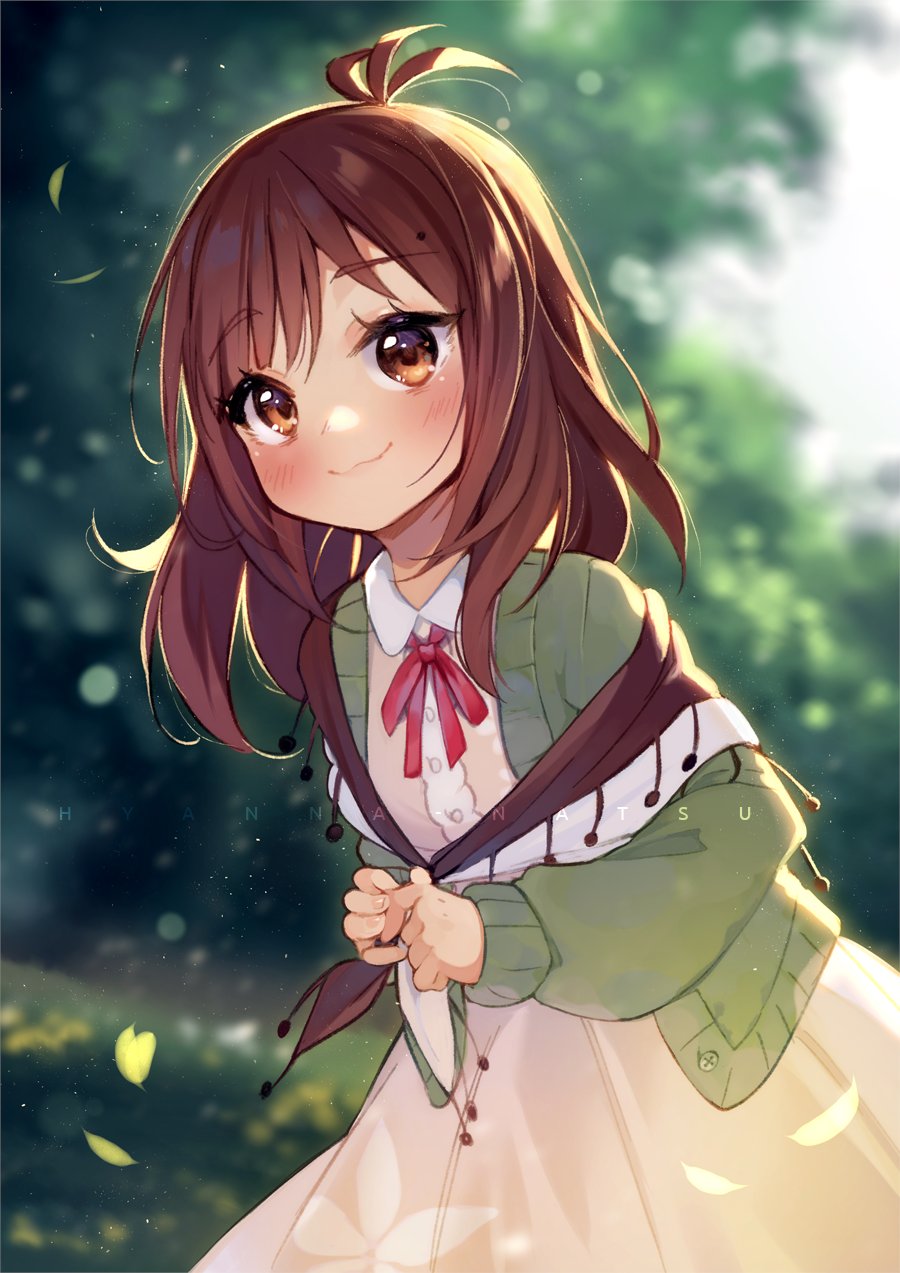1girl, artist_name, bangs, blurry, blurry_background, blush, bow, brown_eyes
