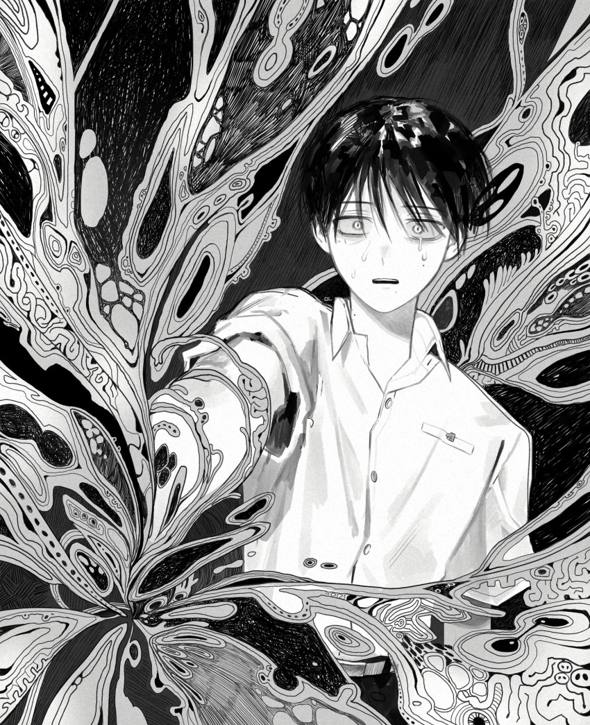 1boy, abstract, belt, crying, crying_with_eyes_open, eyebrows_visible_through_hair, greyscale, hair_between_eyes