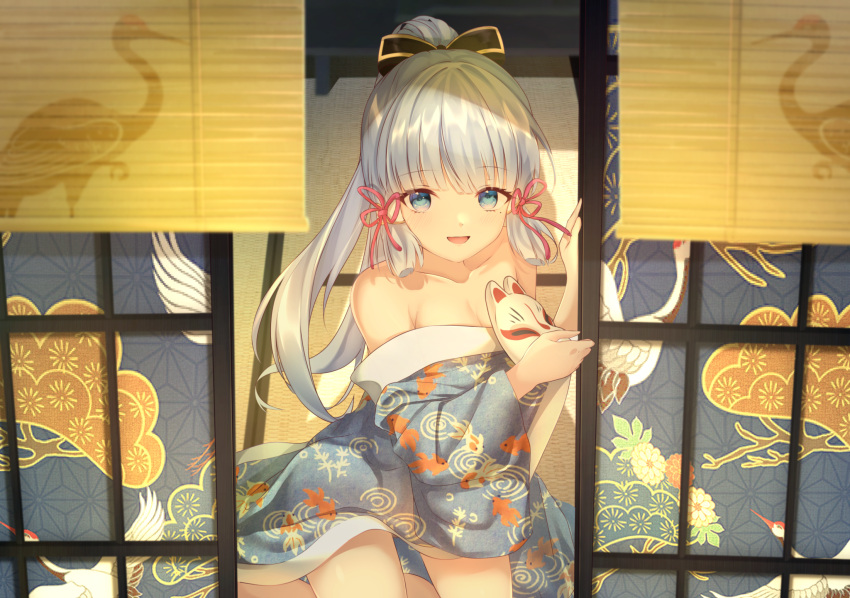 1girl, animal_print, bangs, blue_eyes, blue_kimono, blunt_bangs, breasts, collarbone
