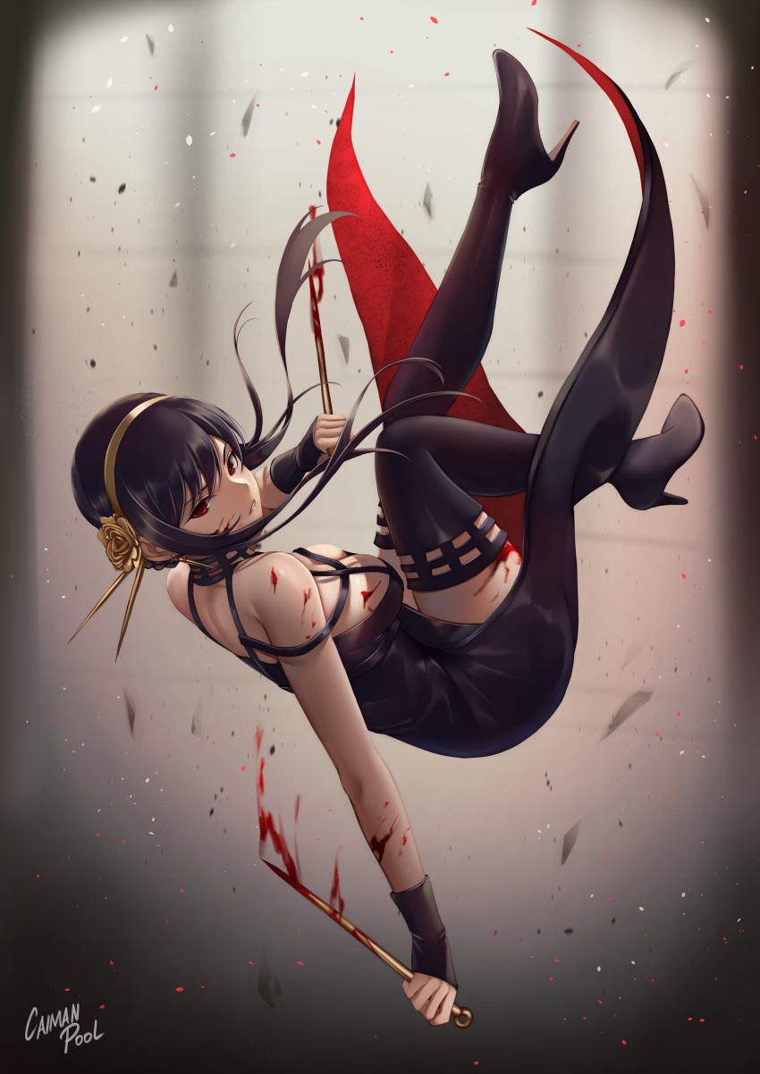 1girl, absurdres, artist_name, bangs, bare_shoulders, black_dress, black_gloves, black_hair