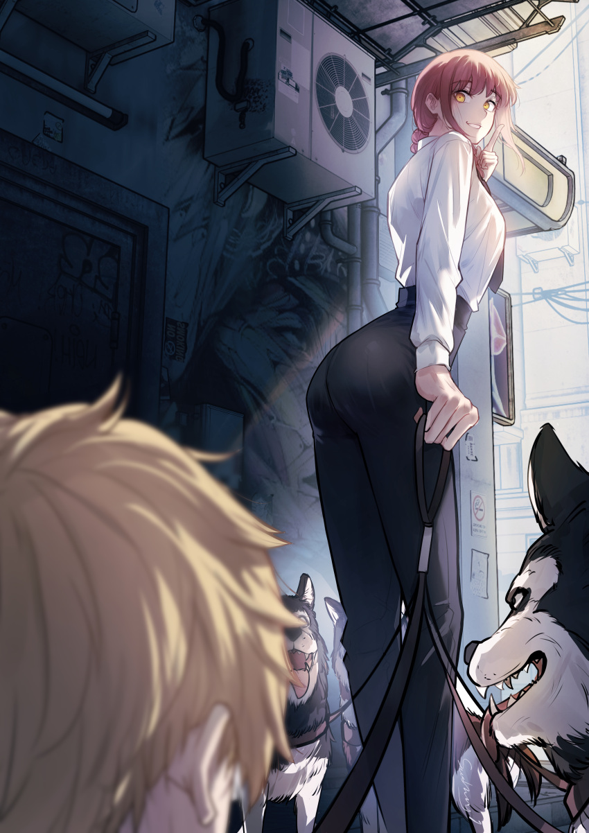 1boy, 1girl, absurdres, ass, bangs, black_necktie, black_pants, blonde_hair