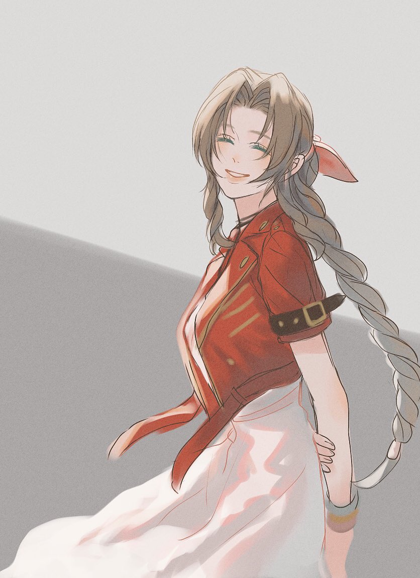 0_ebj, 1girl, aerith_gainsborough, arms_behind_back, bangs, bracelet, braid, braided_ponytail