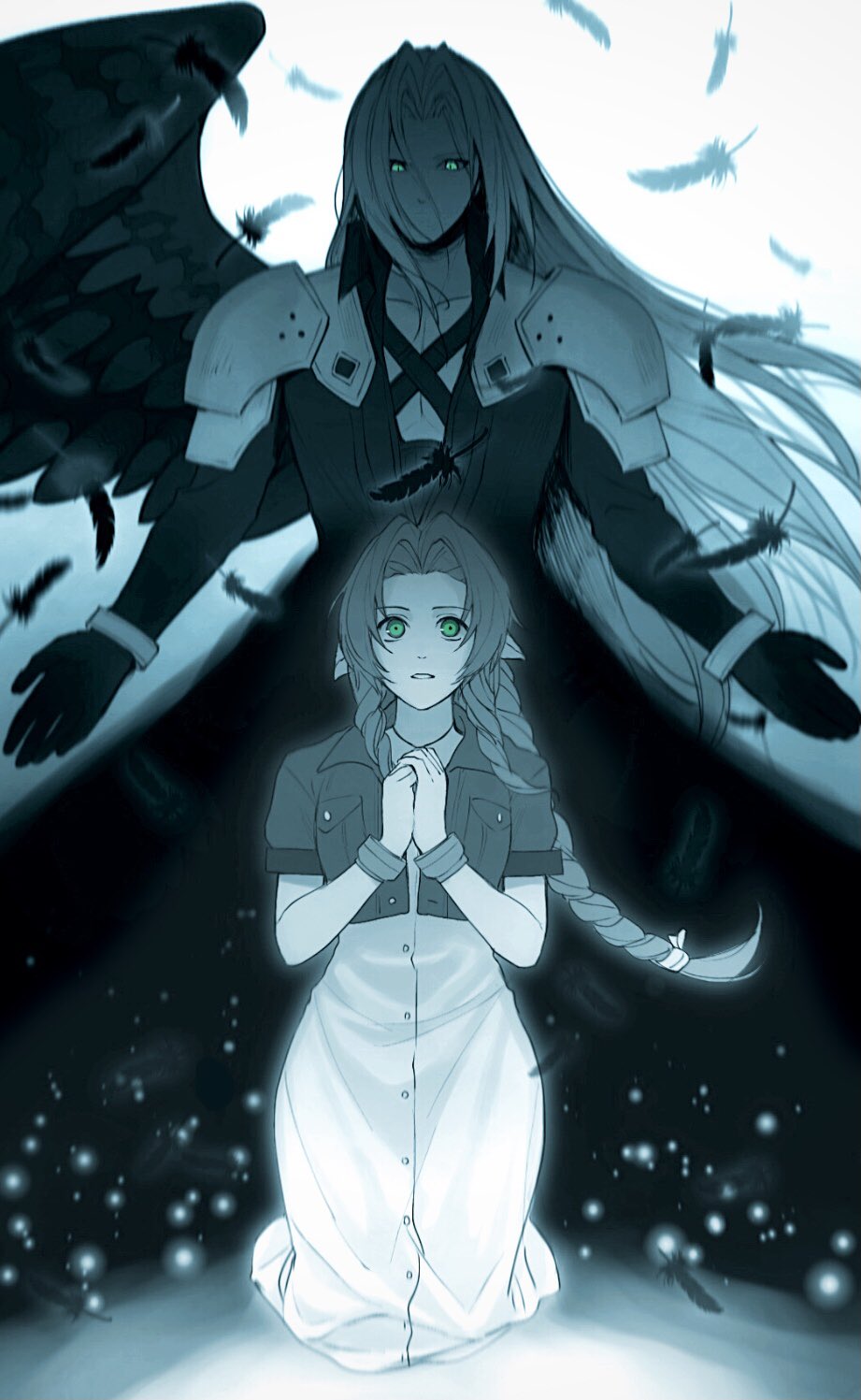 0_ebj, 1boy, 1girl, aerith_gainsborough, armor, bangs, black_gloves, black_jacket
