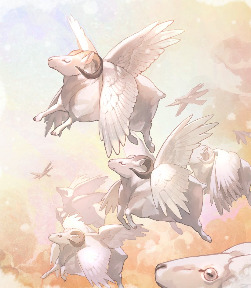 angel, animal_focus, closed_eyes, curled_horns, flying, goat, horizontal_pupils, horns