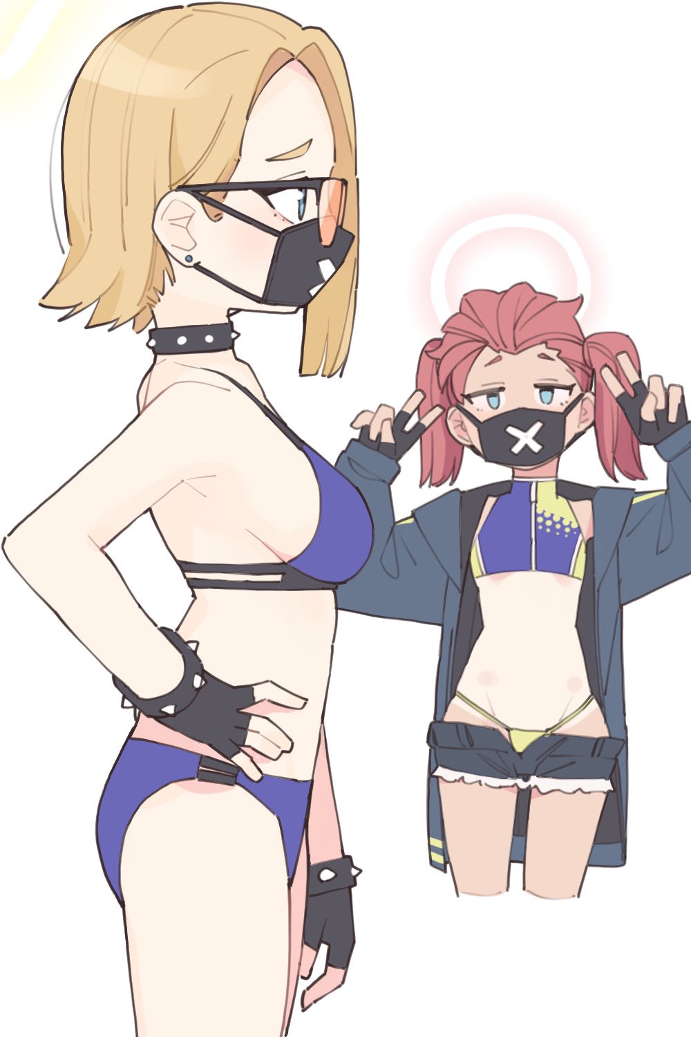 2girls, arm_at_side, bikini, black_gloves, blonde_hair, blue_archive, blue_eyes, breasts, choker, cropped_legs, denim, denim_shorts, double_v, earrings, fingerless_gloves, from_side, gloves, hair_behind_ear, halo, hand_on_hip, highres, jacket, jewelry, jitome, kamo_(kamonabe_44), long_sleeves, mask, medium_breasts, mouth_mask, multiple_girls, no_navel, open_clothes, open_jacket, purple_bikini, redhead, seaside_sukeban_(mg)_(blue_archive), seaside_sukeban_(smg)_(blue_archive), short_hair, short_shorts, shorts, spiked_choker, spiked_gloves, spikes, stud_earrings, sunglasses, swimsuit, tan, tanlines, twintails, v