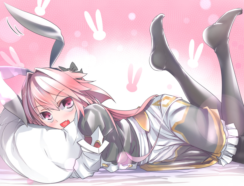 1boy, animal_ears, astolfo_(fate), astolfo_(saber)_(fate), astolfo_(saber)_(third_ascension)_(fate), bed, black_dress, black_legwear
