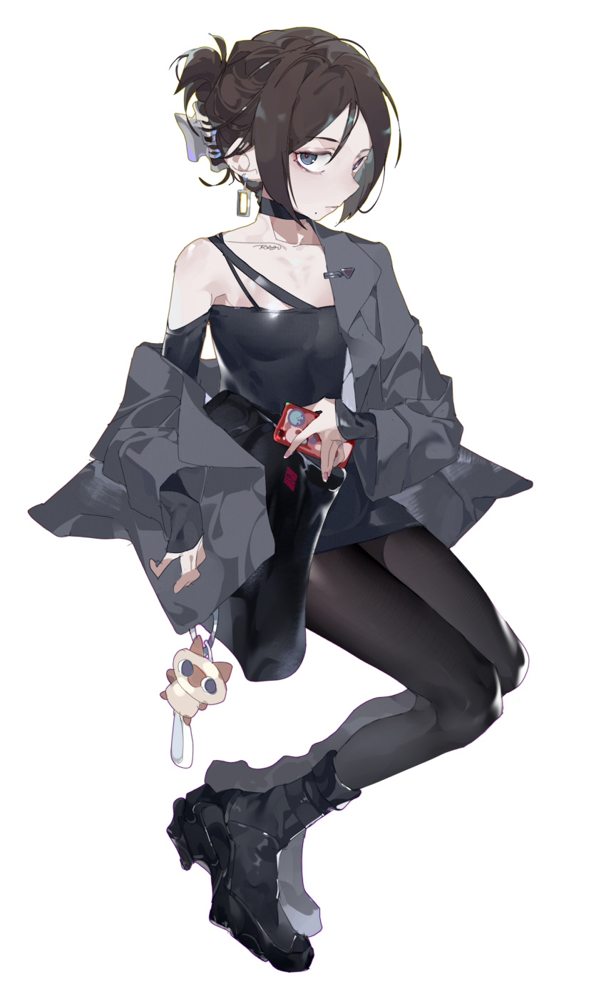 1girl, absurdres, bare_shoulders, black_choker, black_footwear, brown_hair, cellphone, choker