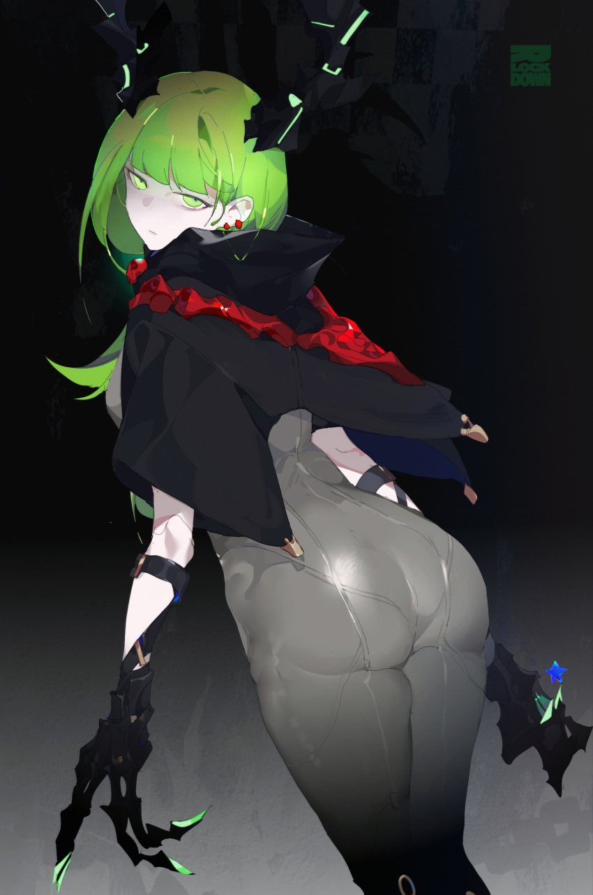 1girl, ass, black_horns, black_rock_shooter, black_rock_shooter:_dawn_fall, bodysuit, claw_(weapon), closed_mouth