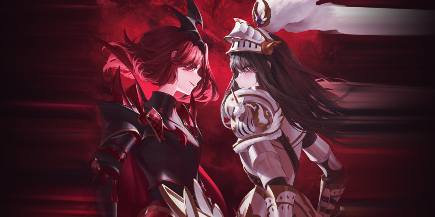2girls, absurdres, armor, artist_request, brown_hair, eyes_visible_through_hair, floating_hair, gauntlets, grimlight, highres, incredibly_absurdres, long_hair, looking_at_another, multiple_girls, official_art, parted_lips, pauldrons, red_knight_(grimlight), redhead, short_hair, shoulder_armor, upper_body, violet_eyes, white_knight_(grimlight), yellow_eyes