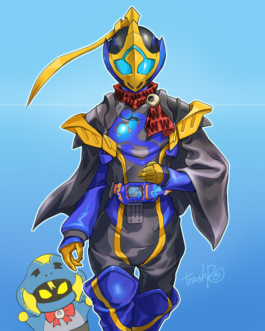 2girls, armor, ascot, belt, belt_pouch, black_capelet, capelet, cobra_genome, commentary_request, demon, highres, huujyu, kamen_rider, kamen_rider_jeanne, kamen_rider_revice, libera_driver, lovekov, multiple_girls, pocket, pouch, red_ascot, red_scarf, scarf, sparkle_background, vistamp