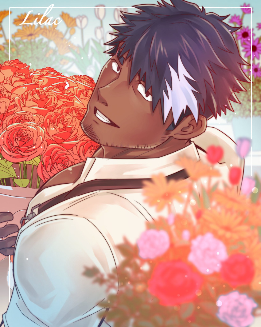 1boy, apron, bangs, bouquet, ex65679708, facial_hair, flower, focus_blur, from_above, gloves, hair_between_eyes, hair_over_one_eye, highres, lilac_(live_a_hero), live_a_hero, looking_at_viewer, looking_back, male_focus, multicolored_hair, pectorals, red_flower, red_rose, rose, shirt, short_hair, smile, solo, stubble, tan, thick_eyebrows