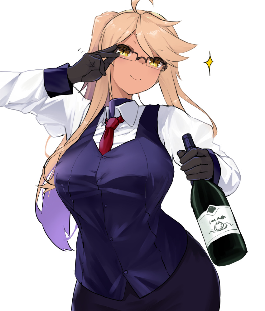 1girl, absurdres, ahoge, alma_armas, bartender, black-framed_eyewear, black_vest, blonde_hair