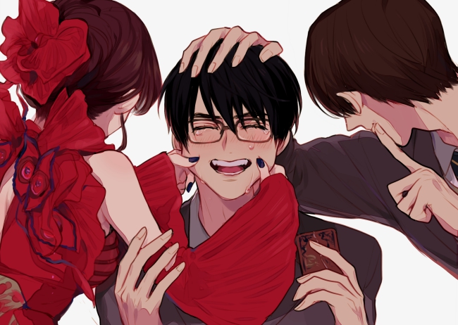 1girl, 2boys, aguilera_(kamen_rider_revice), belt, black_hair, brown_hair, card, cheek_pinching
