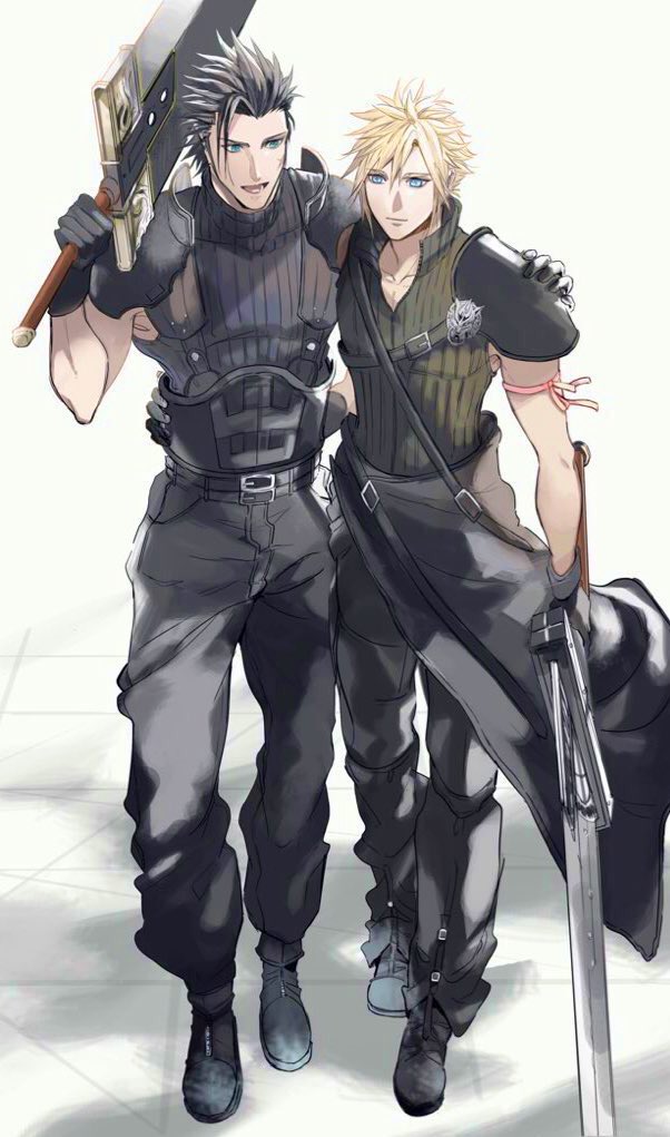 2b_fff, 2boys, arm_around_shoulder, arm_around_waist, arm_ribbon, armor, belt, black_hair