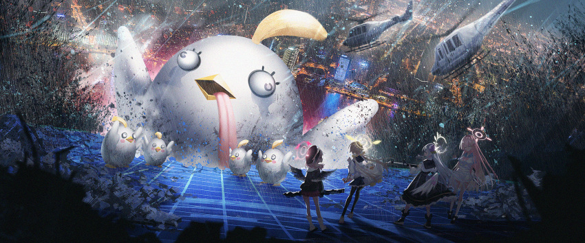 4girls, ahoge, aircraft, angel_wings, assault_rifle, azusa_(blue_archive), backpack, bag