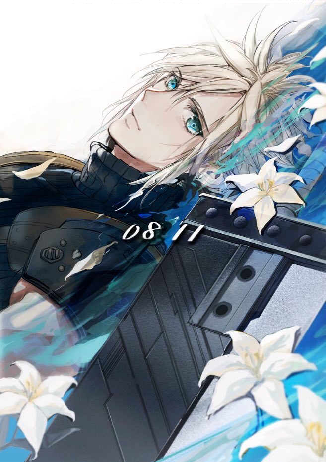 1boy, 2b_fff, armor, asymmetrical_hair, blonde_hair, blue_eyes, blue_shirt, buster_sword