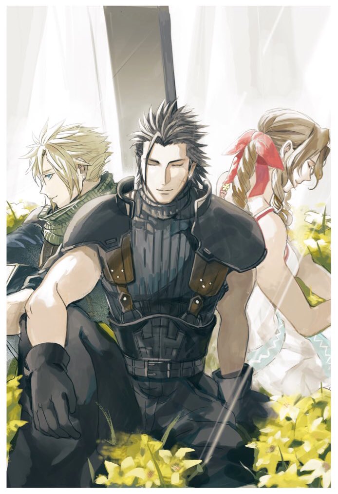 1girl, 2b_fff, 2boys, aerith_gainsborough, armor, bare_arms, belt, black_hair, blonde_hair, blue_eyes, blue_shirt, bow, braid, braided_ponytail, brown_hair, buster_sword, closed_eyes, cloud_strife, crisis_core_final_fantasy_vii, dress, final_fantasy, final_fantasy_vii, gloves, hair_bow, multiple_boys, open_mouth, scar, scar_on_cheek, scar_on_face, shirt, shoulder_armor, sidelocks, sleeveless, sleeveless_turtleneck, sleeves_rolled_up, spiky_hair, suspenders, turtleneck, upper_body, white_dress, younger, zack_fair