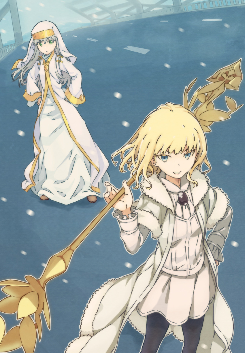 2girls, black_legwear, blonde_hair, blue_eyes, brown_footwear, closed_mouth, colorized, commentary