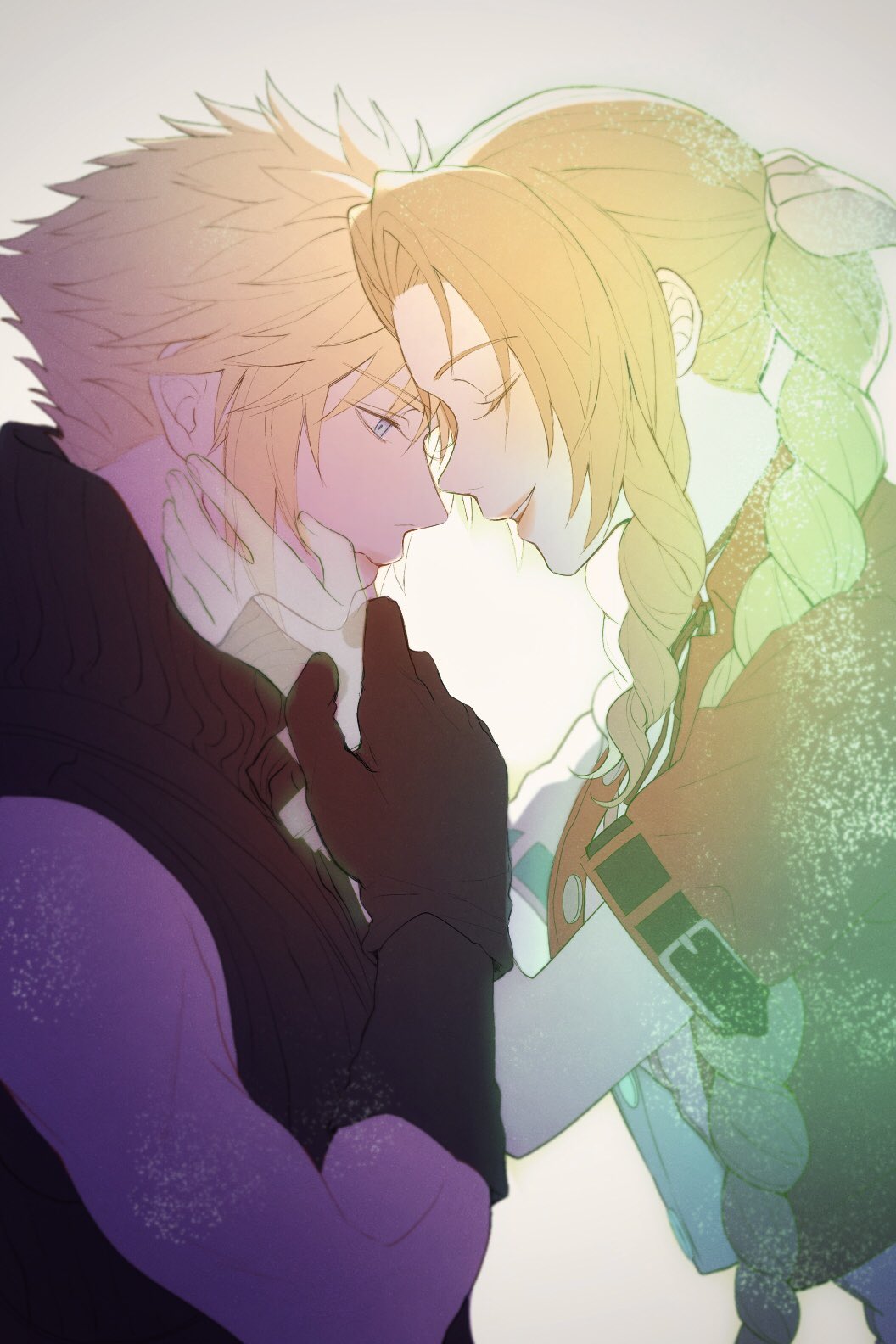 0_ebj, 1boy, 1girl, aerith_gainsborough, bangs, belt, black_shirt, blonde_hair, blue_eyes, bracelet, braid, braided_ponytail, brown_hair, choker, closed_eyes, cloud_strife, couple, cropped_jacket, dress, final_fantasy, final_fantasy_vii, final_fantasy_vii_advent_children, final_fantasy_vii_remake, gloves, hair_ribbon, hands_on_another's_face, high_collar, highres, holding_another's_wrist, jacket, jewelry, muscular, muscular_male, parted_bangs, parted_lips, pink_dress, red_jacket, ribbon, shirt, sidelocks, smile, spiky_hair, suspenders, transparent, upper_body