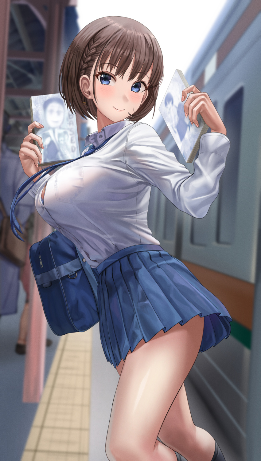 1girl, ai-chan_(tawawa), bag, black_legwear, blue_eyes, blue_necktie, blue_skirt, blush