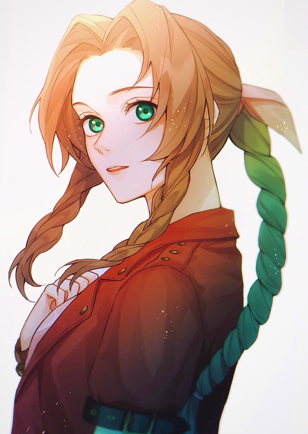0_ebj, 1girl, aerith_gainsborough, bangs, belt, bracelet, braid, braided_ponytail