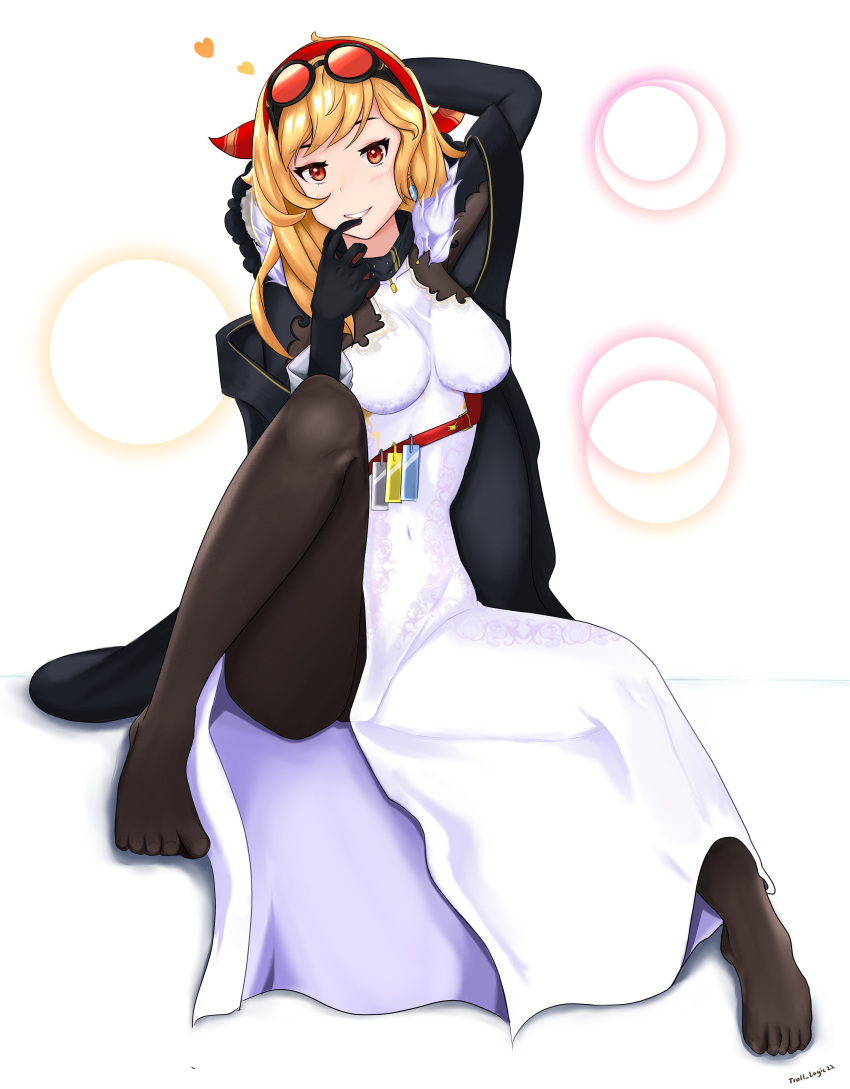 1girl, absurdres, arm_up, bangs, black_gloves, black_jacket, blonde_hair, breasts, brown_legwear, dress, earrings, eyewear_on_head, gloves, highres, hololive, hololive_indonesia, jacket, jewelry, kaela_kovalskia, large_breasts, legs_apart, long_sleeves, looking_at_viewer, medium_hair, open_clothes, open_jacket, pantyhose, parted_lips, red_eyes, ribbon, sitting, smile, solo, sunglasses, trolllogicworks, virtual_youtuber, white_background, white_dress