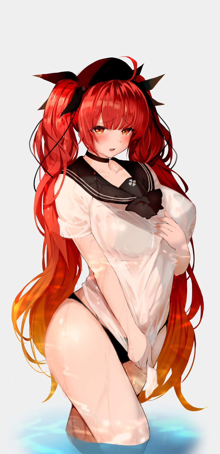 1girl, absurdres, ahoge, azur_lane, bangs, beret, bikini, bikini_under_clothes, black_bikini, black_choker, black_headwear, black_ribbon, blunt_bangs, blush, breasts, choker, colored_tips, covered_navel, cowboy_shot, eyebrows_visible_through_hair, hair_ribbon, hat, highres, honolulu_(azur_lane), large_breasts, long_hair, looking_at_viewer, multicolored_hair, no_pants, open_mouth, orange_eyes, orange_hair, raised_eyebrows, raru_(nanaharararu), redhead, ribbon, sailor_collar, see-through_shirt, shirt, solo, swimsuit, tearing_up, thighs, twintails, two-tone_hair, very_long_hair, wading, wet, wet_clothes, wet_hair, wet_shirt, white_shirt